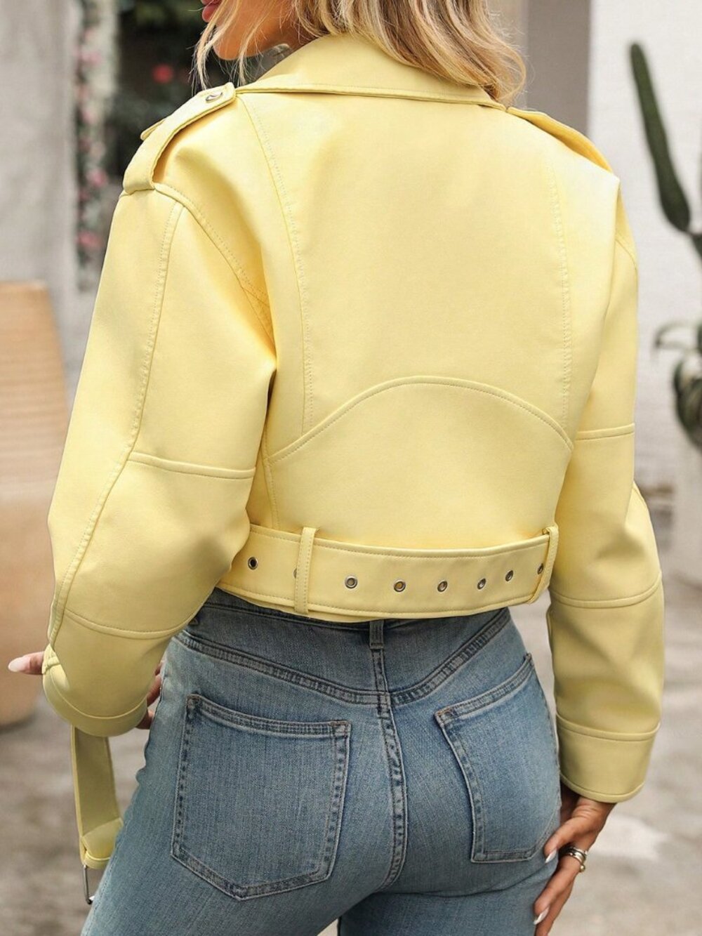 Bright Yellow Casual Women's Minimalist Zip-Up faux leather Short Jacket - Picture 2 of 7